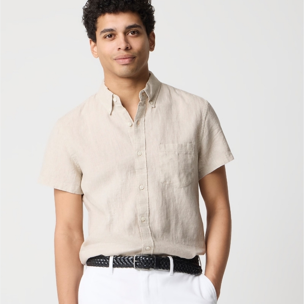 J Crew Short-sleeve linen-blend shirt AL188 Size L Beige NWT